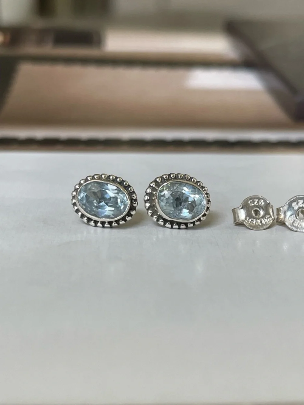 Blue Topaz stud Earrings 925 Sterling Silver,     V I B E S